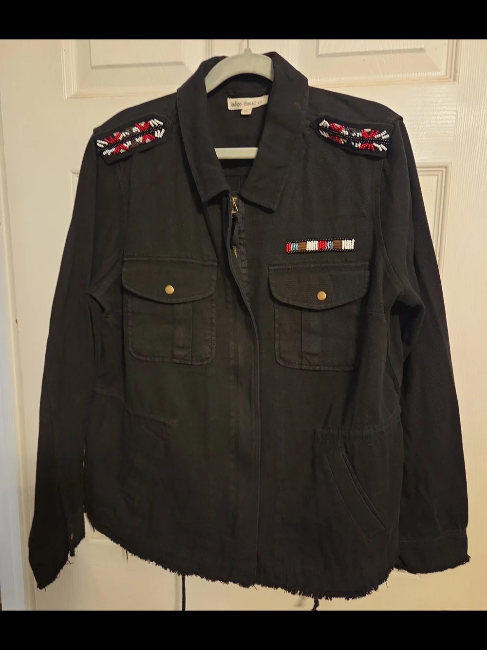 Indigo Black Utility Jacket with Beaded Red & White Accents